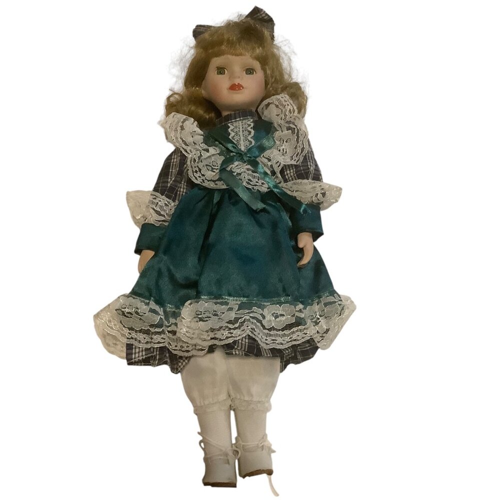 Vtg K.C. Porcelain Doll With Curly Blonde Hair Plaid Lace-Trimmed Dress 16"